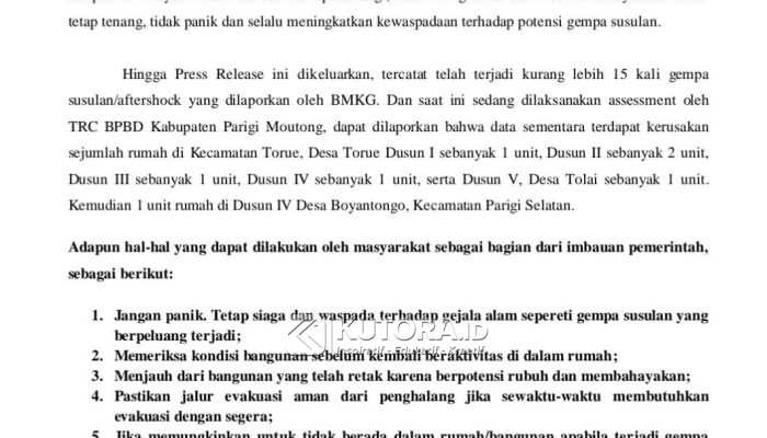 Gempa M 6,7 Guncang Parimo, Pemkab Keluarkan Imbauan Darurat dan Tingkatkan Kewaspadaan